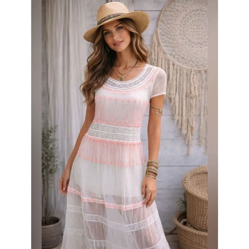 Free People White and Coral Sheer Maxi Dress
